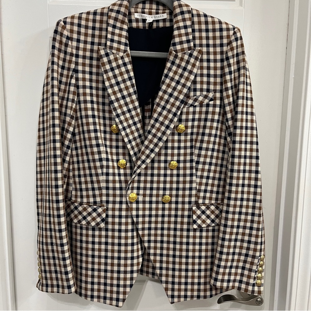 Veronica Beard Brown and Navy Checkered Gingham Jacket / Blazer